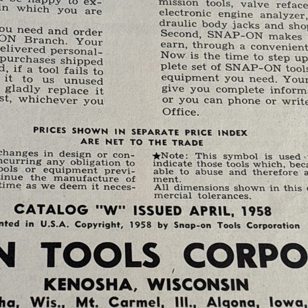 Vintage 1958 Snap-on Tools Catalog W Tool Equipment Kenosha Wisconsin